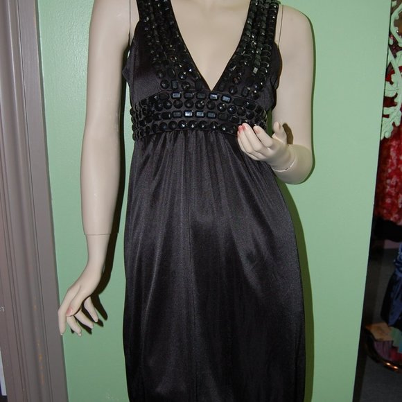 Cocktail,party,dk gray,beaded black,empire cut,sz S,L,deep Vneck,shirred,Unique - Picture 1 of 1